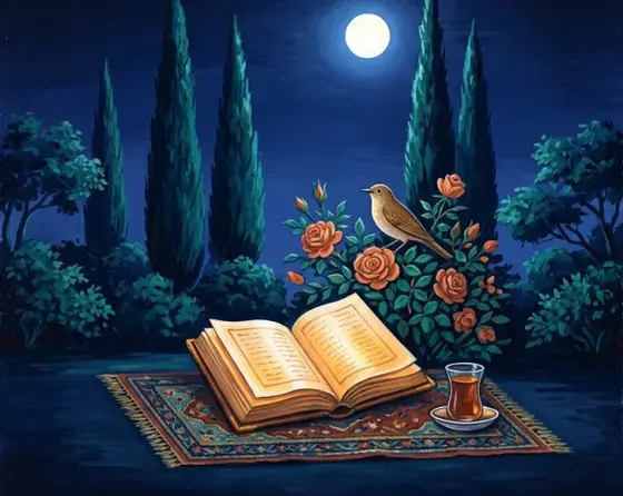 An open book on a small carpet in a garden at night, with cypress trees, roses and a nightingale