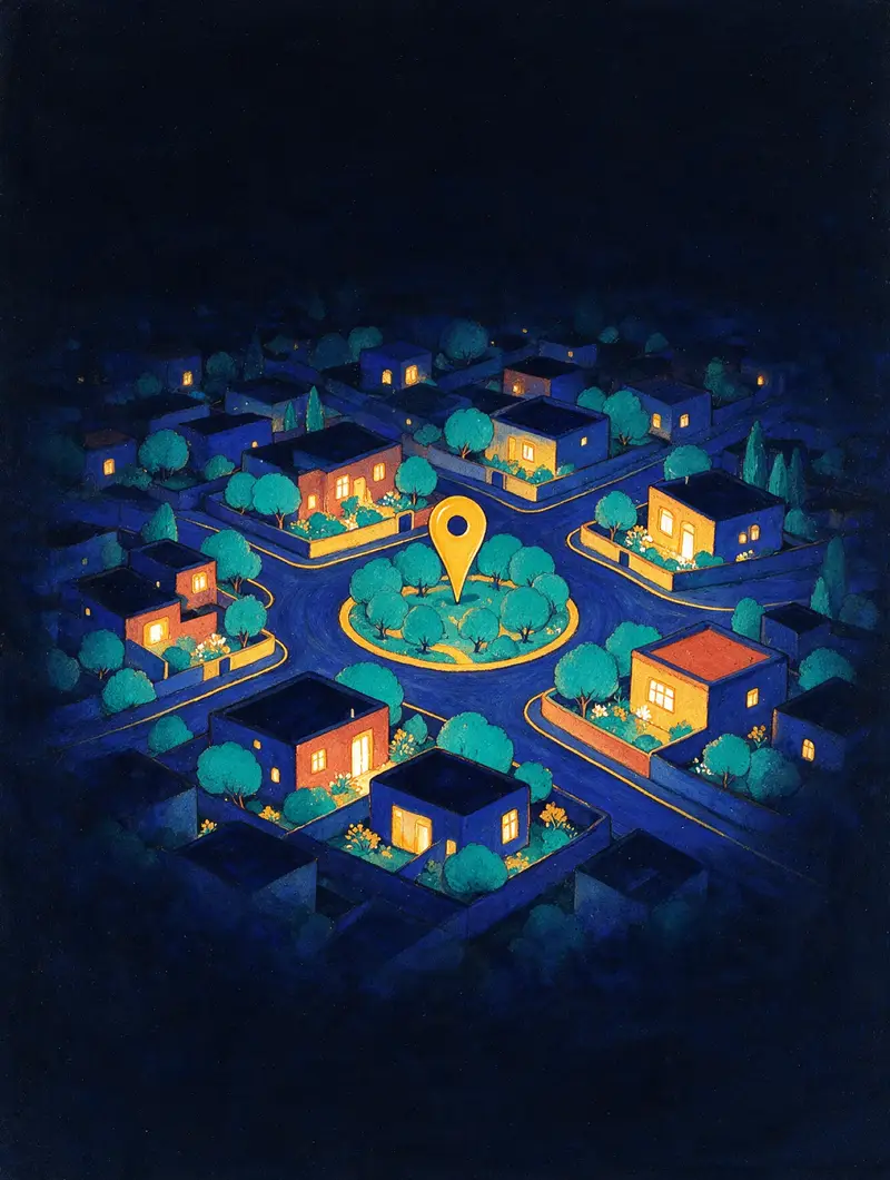 A painted night view of a quiet neighbourhood with a map pin in the middle